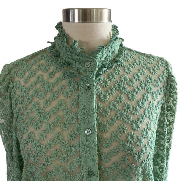 FRNCH NWT Celita Sauge Blouse Sheer Green With Floral Embroidery Throughout - Picture 3 of 11